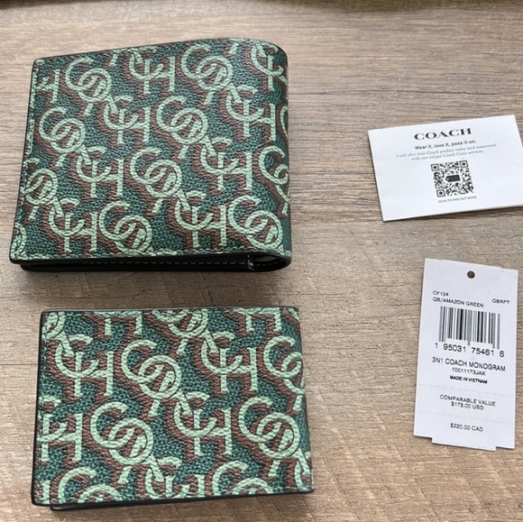 Coach NWT Genuine Leather 3 in 1 Monogram Amazon Green Wallet & ID Insert - Picture 5 of 6